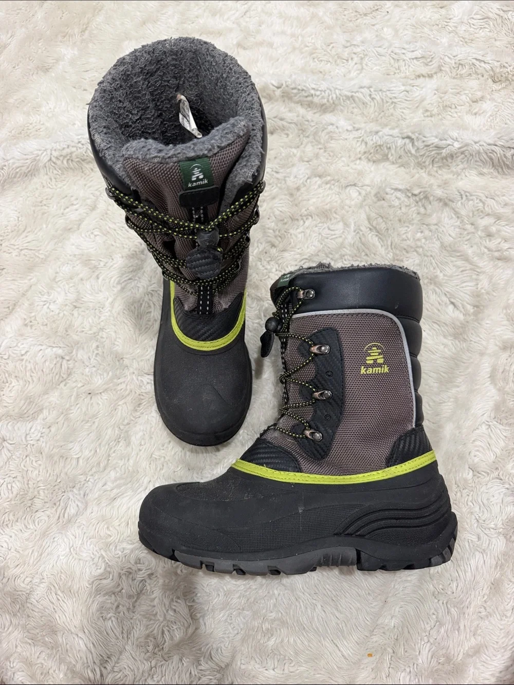 Kamik Kids Boys Black, Gray & Lime Winter Snow Boots Size 6